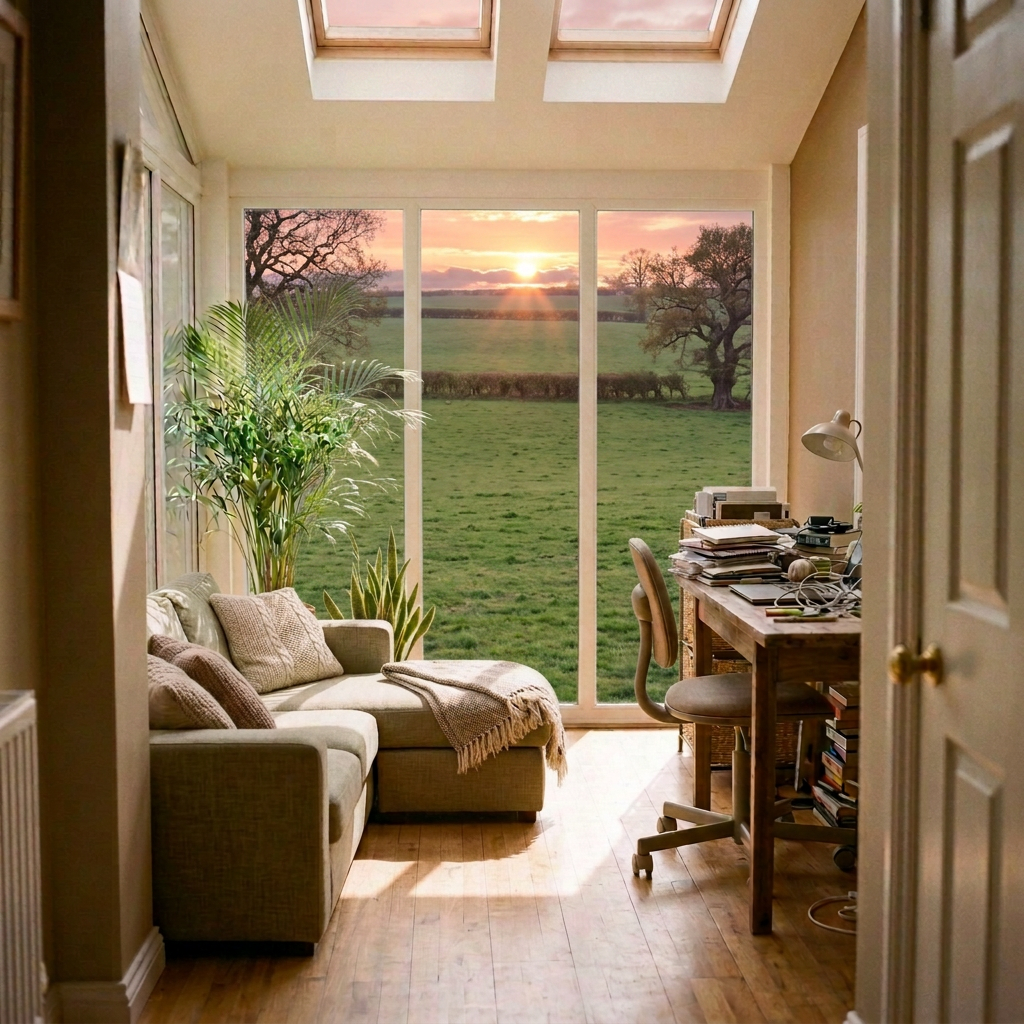 Sunlit home office with plants, reading chair, desk, and skylights